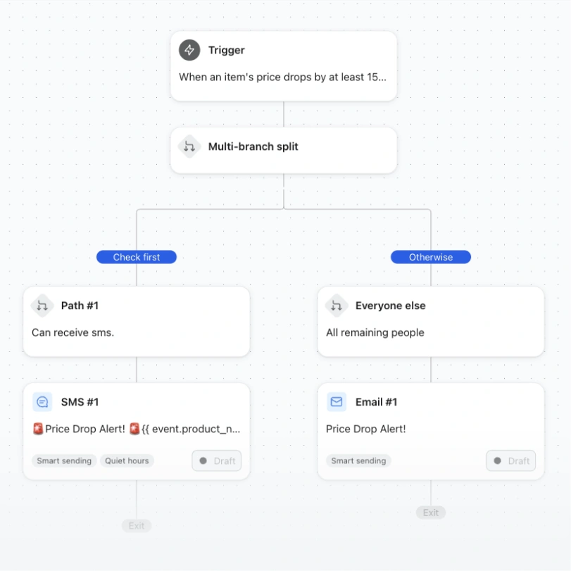 Price-drop workflow splits customers into SMS-eligible and email branches for sending alerts.
