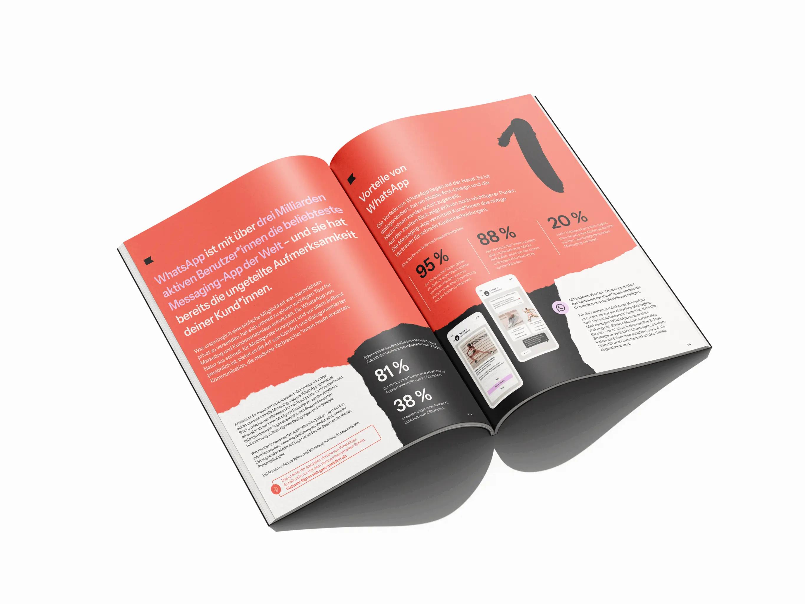 Aufgeschlagenes Booklet mit Informationen über WhatsApp, Statistiken und Abbildungen von Smartphone-Bildschirmen.