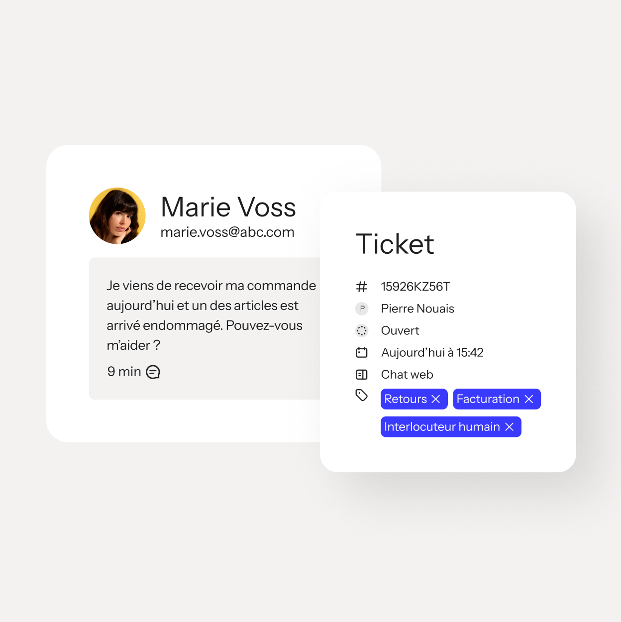 Customer message about a damaged order beside an open support ticket tagged Returns, Billing, and Speak to human.