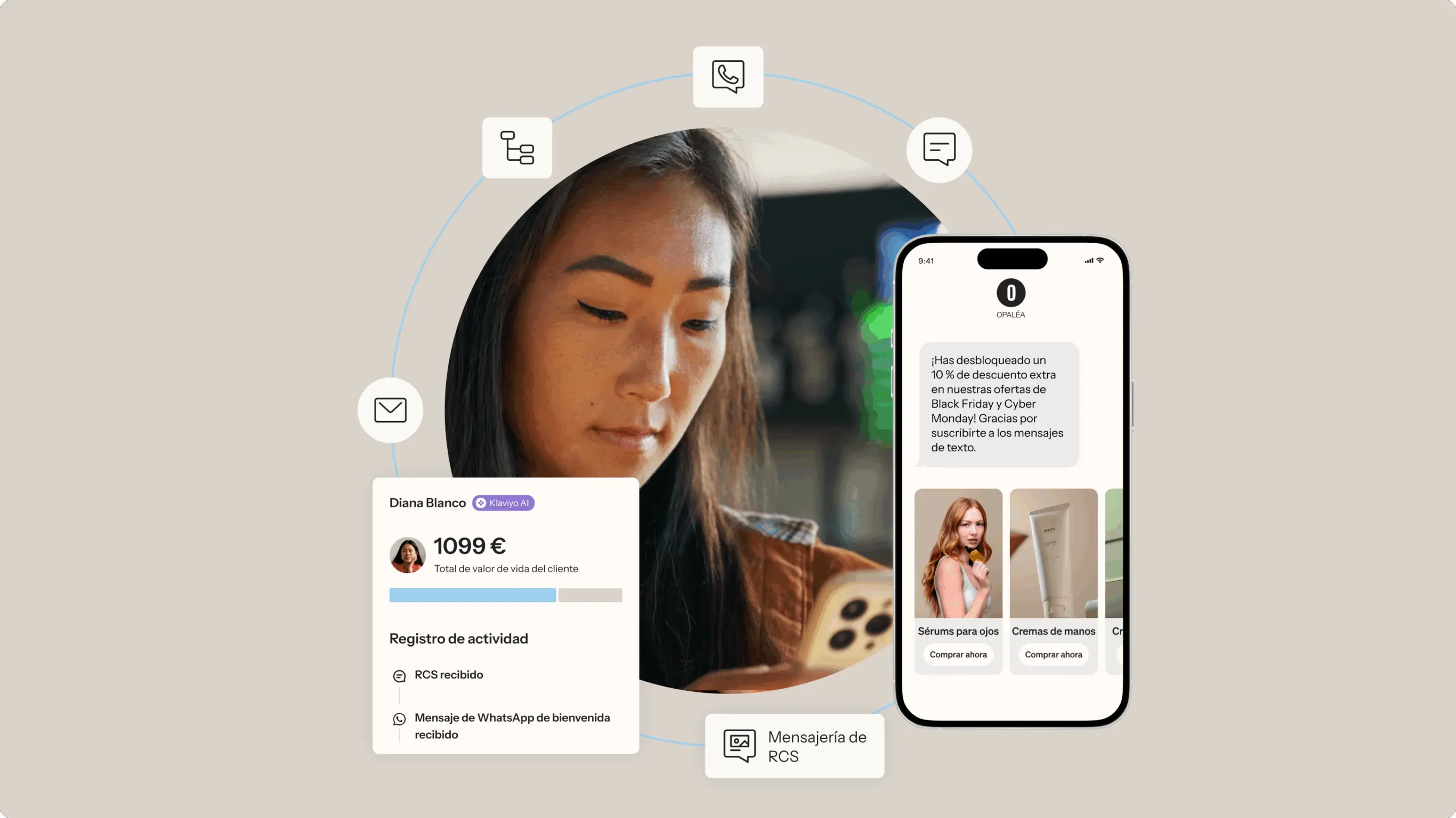 Mujer mirando su teléfono, con una pantalla de móvil mostrando mensajes de marketing y productos. Información de cliente y actividad.