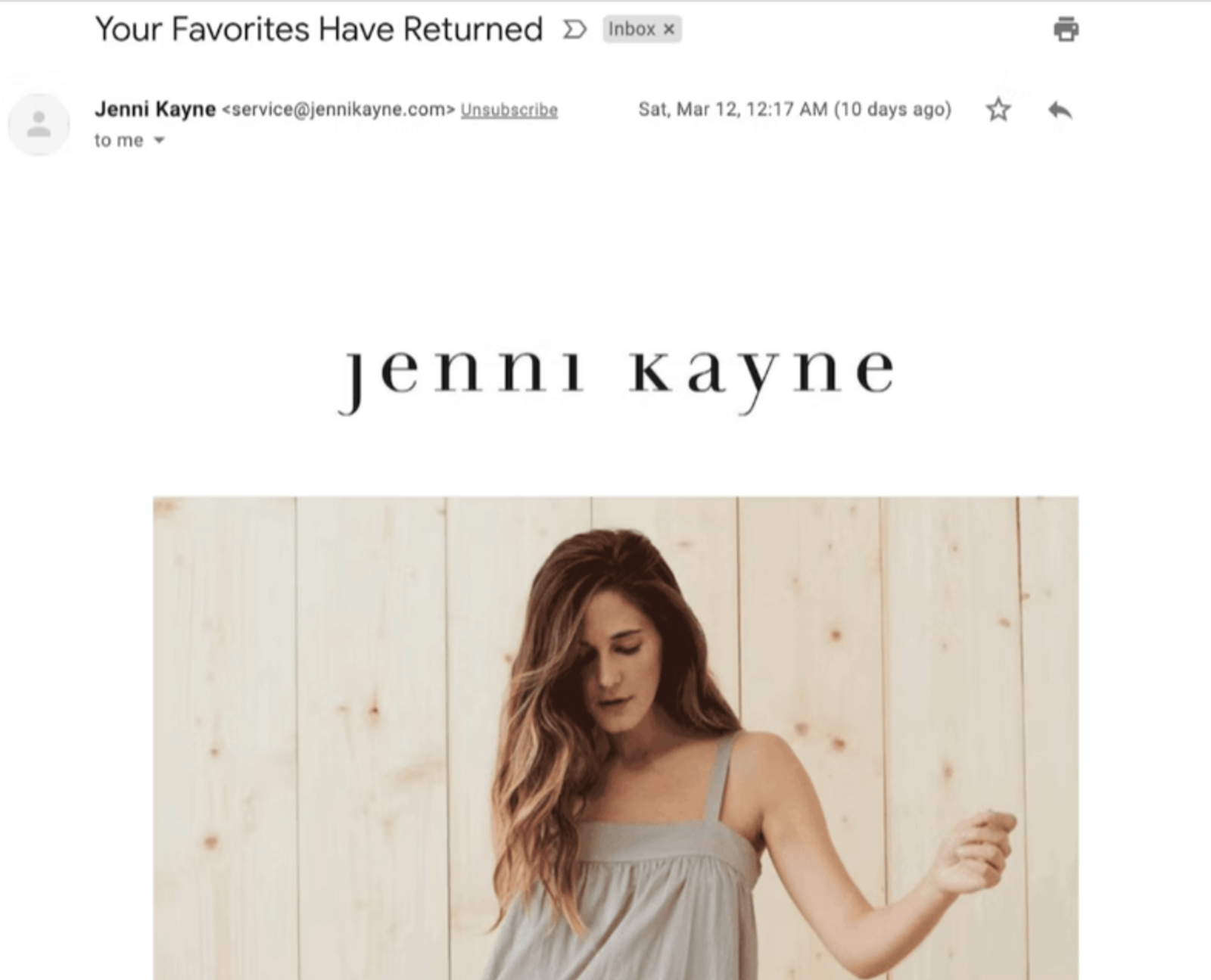 Image shows a marketing email with a personalized subject line
Image source: Jenni Kayne