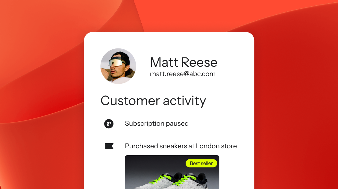 Customer activity card for Matt Reese, showing a paused subscription, a sneaker purchase, and a 'Best seller' sneaker image, on a red wavy background.