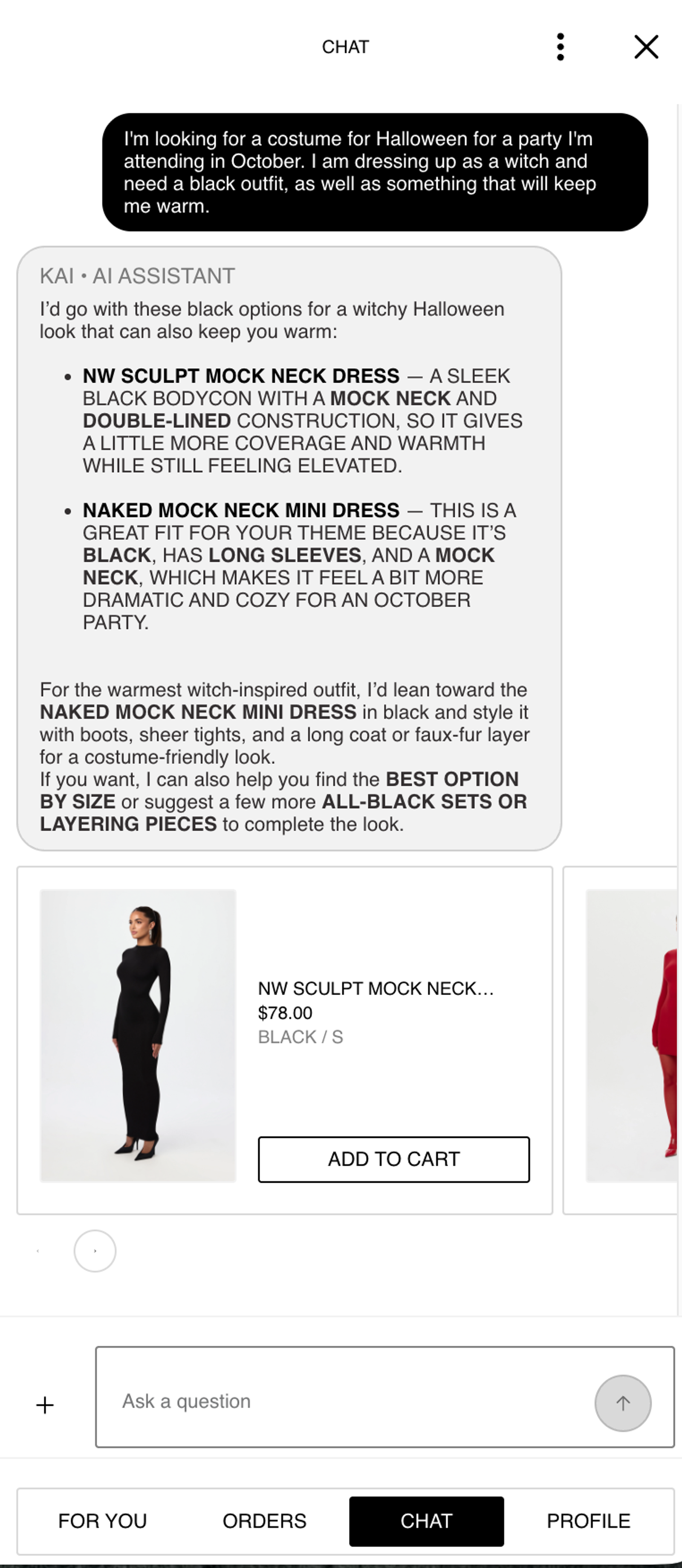 A mobile chat interface displays a user's request for a warm black witch costume and an AI assistant's recommendations, including a product image of a long black dress.