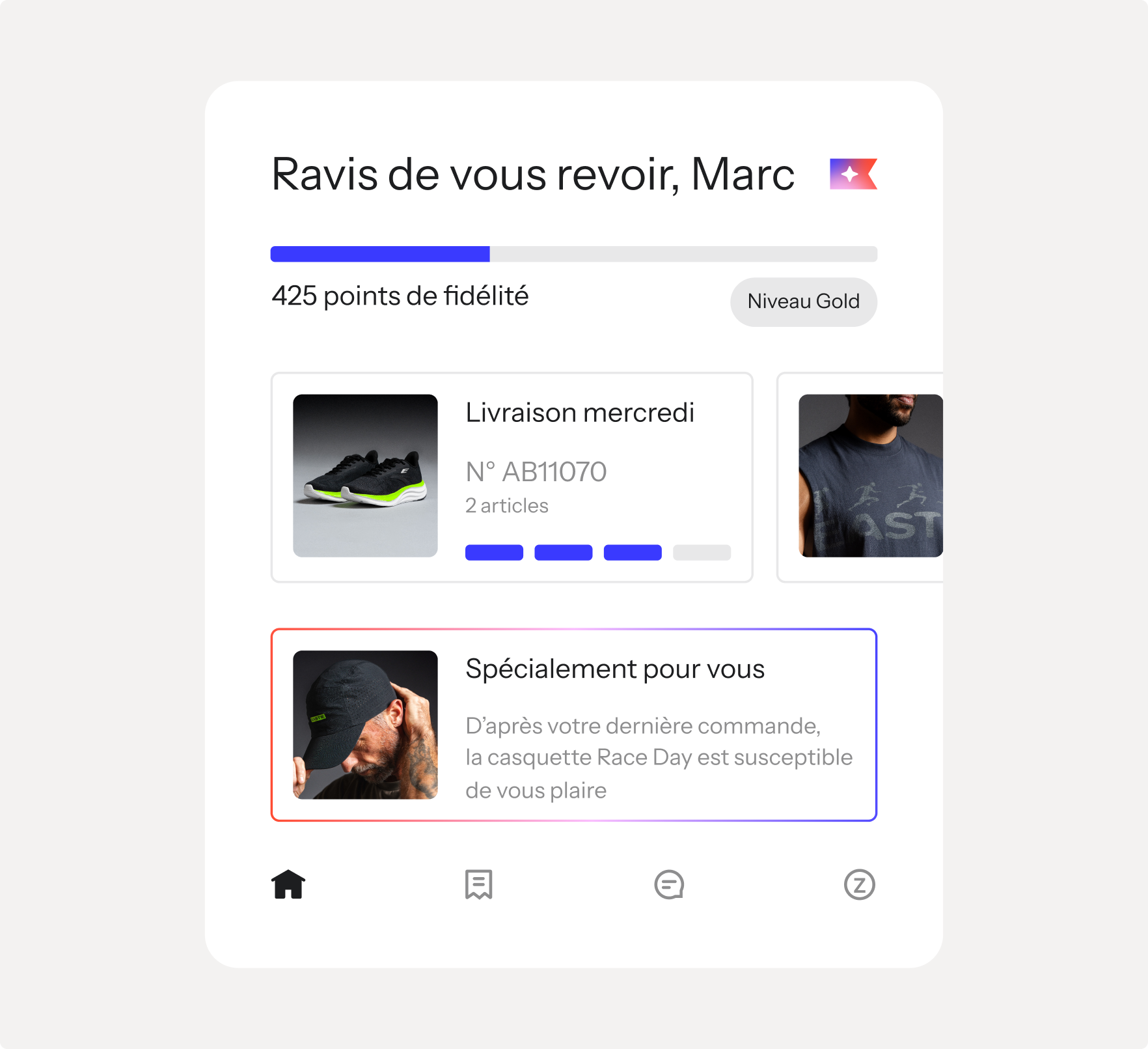 Mobile app screen showing a user's loyalty status, an upcoming delivery, and a personalized product recommendation.