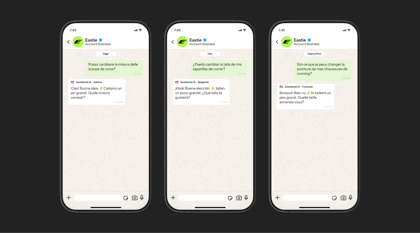 Three smartphone screens display multi-language chat conversations with 'Eastie Account Business' about changing shoe sizes.