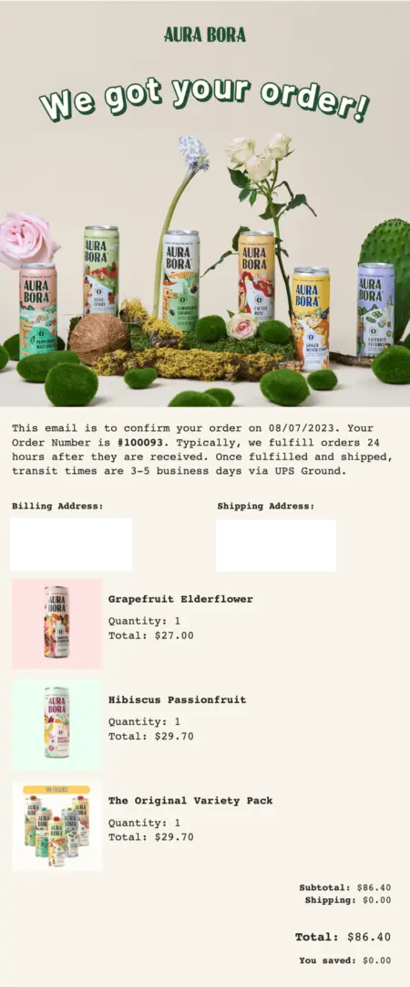 Image shows a purchase confirmation email from Aura Bora that includes everything a shopper would need to know, all in one email.