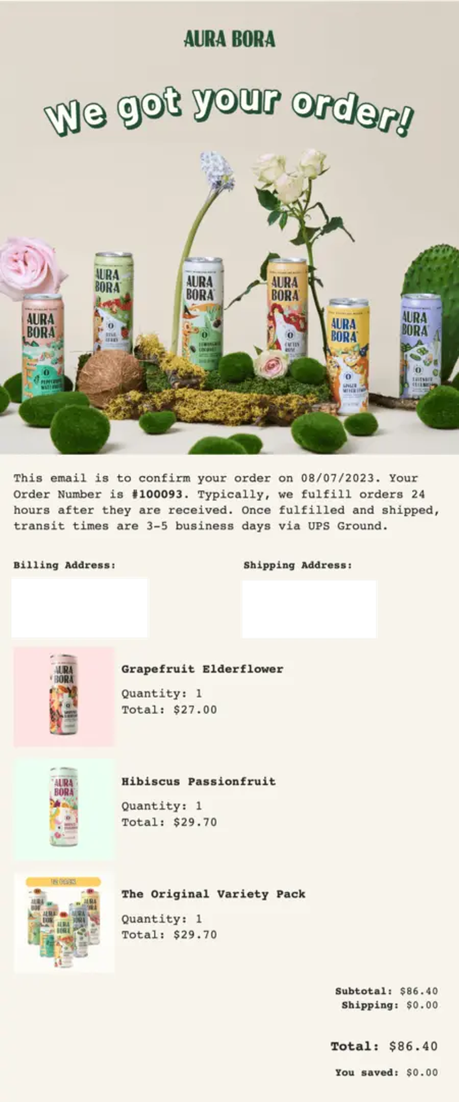 Image shows a purchase confirmation email from Aura Bora that includes everything a shopper would need to know, all in one email.