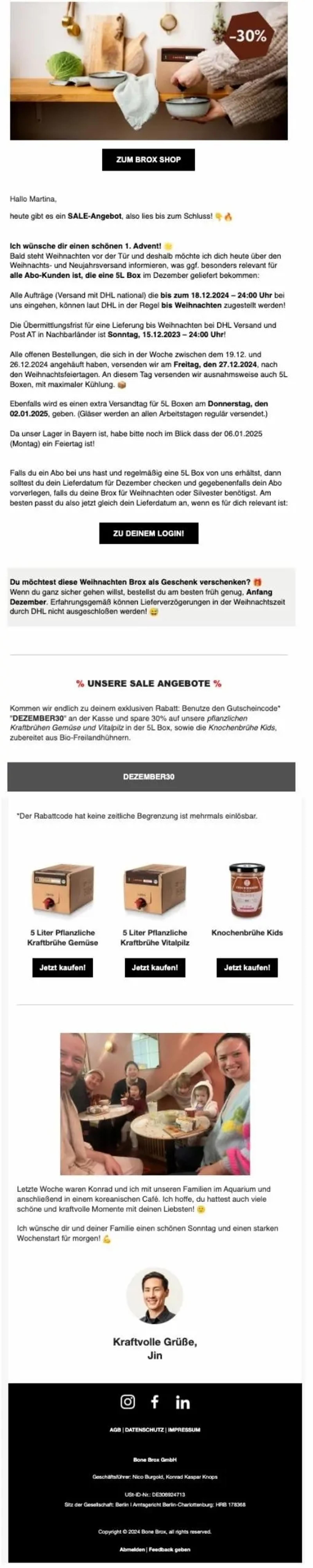 Newsletter von Bone Brox mit Black Friday Angeboten, Rabattcode "DEZEMBER30", und Produktbildern von Brüheboxen. Enthält persönliche Nachricht und Bild einer Gruppe in einem Café.