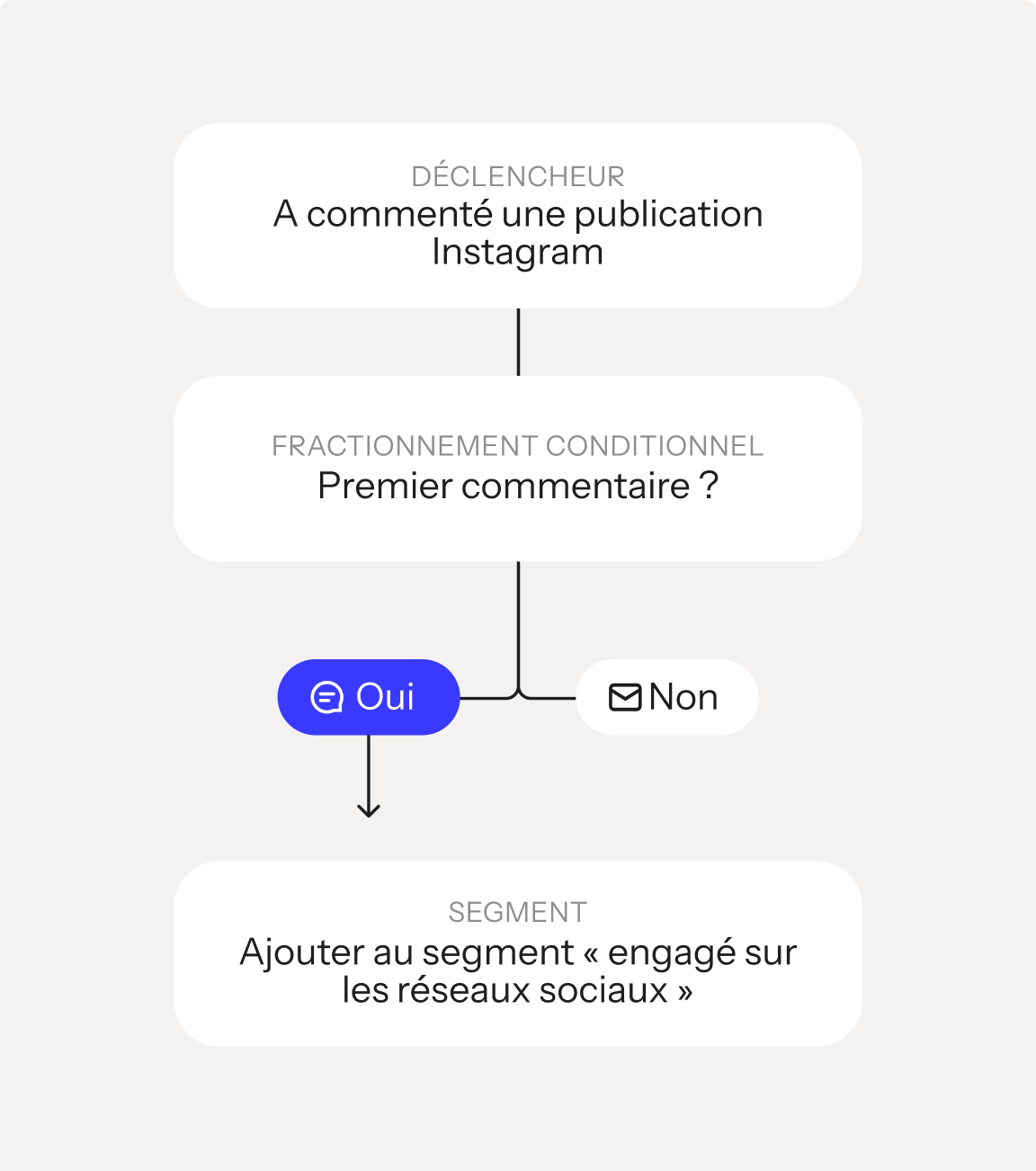 Flowchart: An Instagram comment triggers a 'first comment' check, adding the user to a 'socially engaged' segment if true.