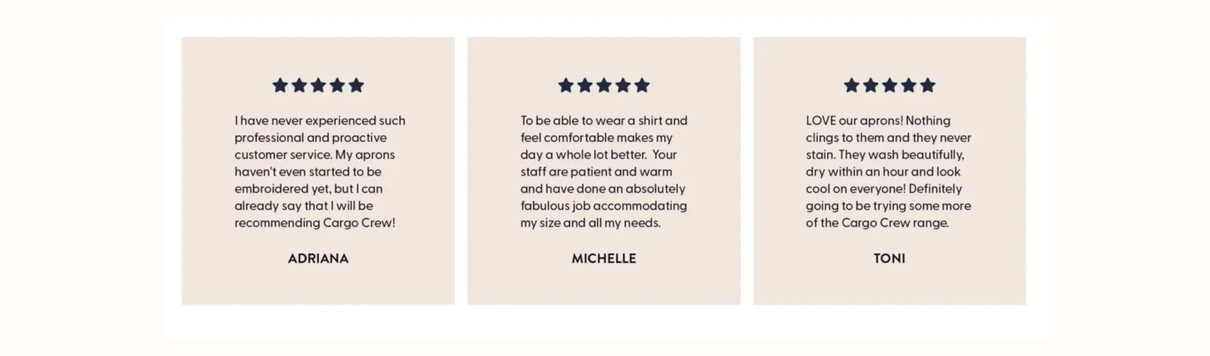 Image shows 3 customer reviews in one row against a beige background. Each starts with a 5-star rating in navy blue with a customer review from Adriana, Michelle, and Toni underneath.
