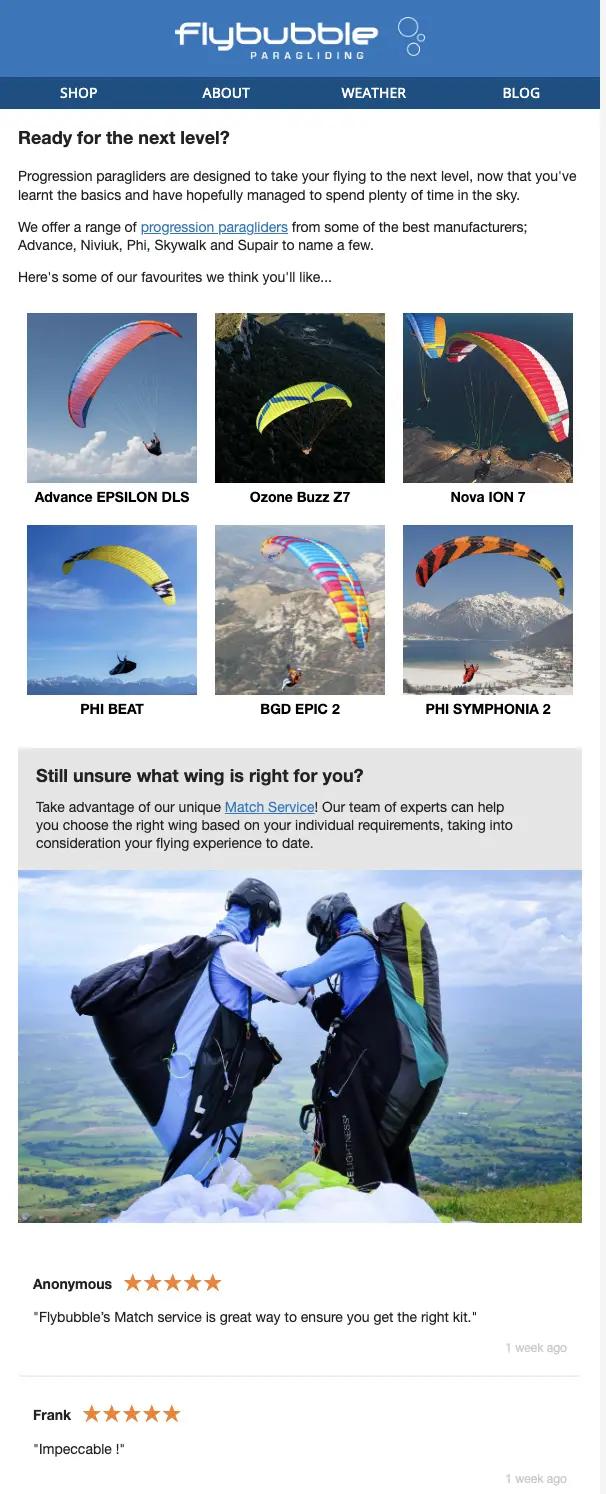 Image shows a post-purchase email from Flybubble that offers a discount on complementary products.