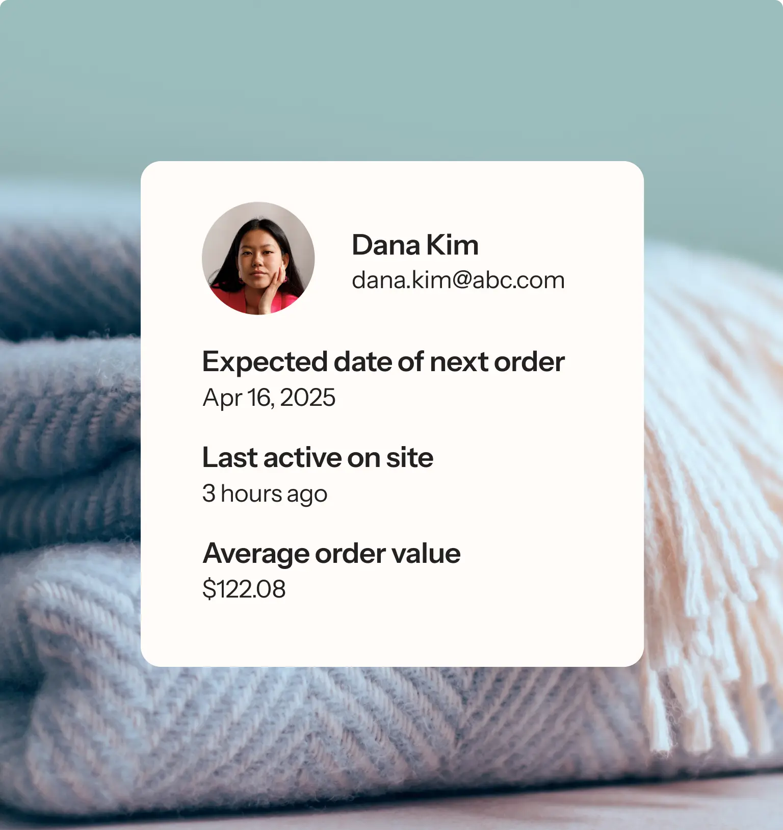 Predictive analytics in Klaviyo showing next expected order date, last active on site, and average order value