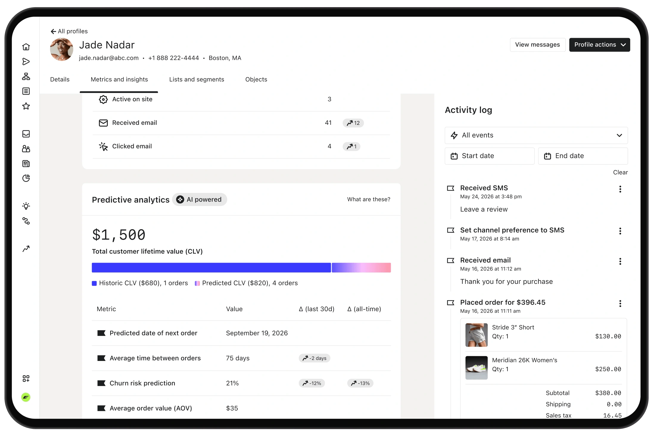 Customer profile dashboard showing predictive analytics, lifetime value, and an activity log.