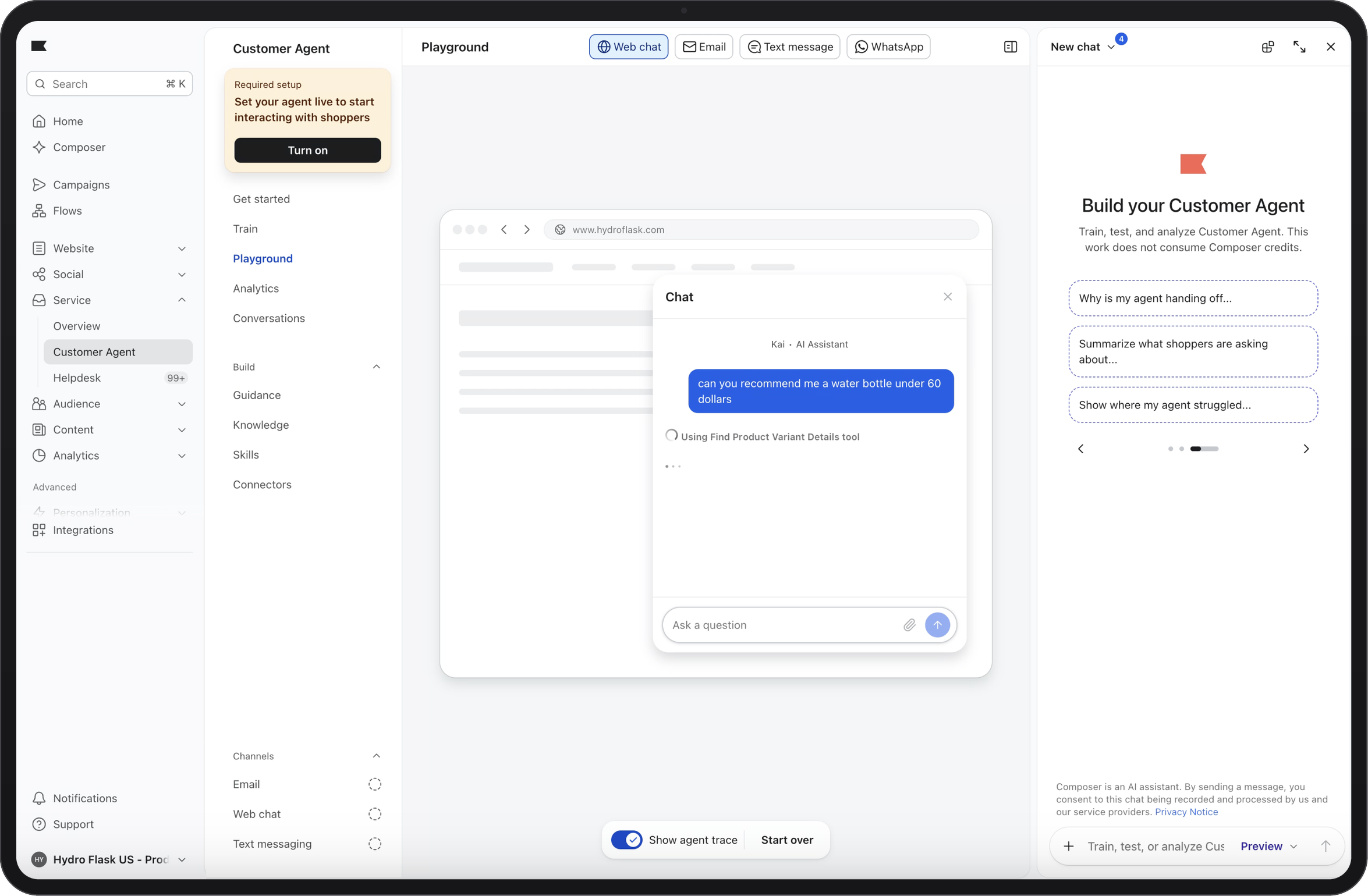 Dashboard of an AI customer agent platform, showing a chat where the AI recommends a water bottle under $60.