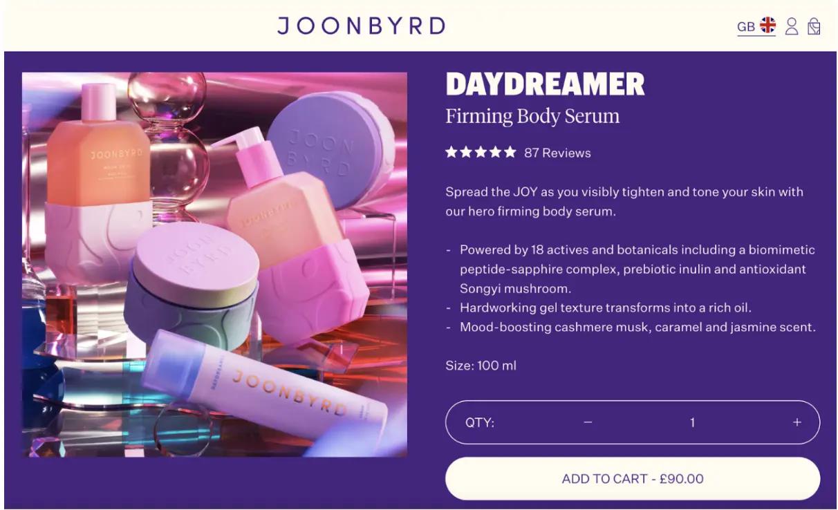 Joonbyrd Daydreamer Firming Body Serum product page with colourful packaging, description, and purchase option.