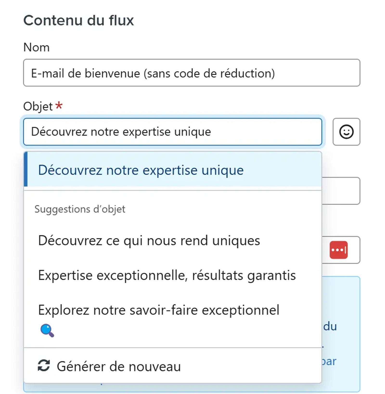 Capture d’écran de l’interface Klaviyo montrant un e-mail de bienvenue avec un champ “Objet” prérempli par l’IA. Plusieurs suggestions de lignes d’objet sont proposées automatiquement, comme “Découvrez ce qui nous rend uniques” ou “Expertise exceptionnelle, résultats garantis”, illustrant la fonctionnalité de génération intelligente de contenu par IA.
