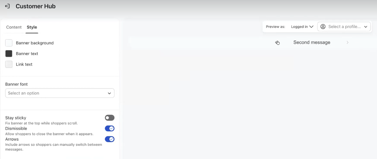 Customer Hub interface showing banner style settings and a preview of a "Second message" banner.