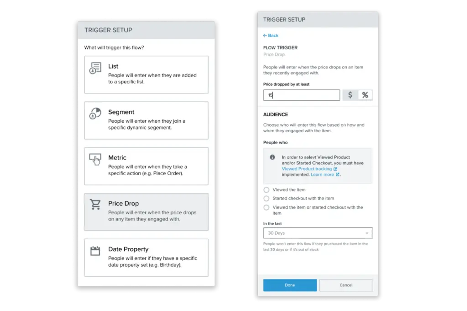 Screenshots of the price drop trigger setup in Klaviyo.