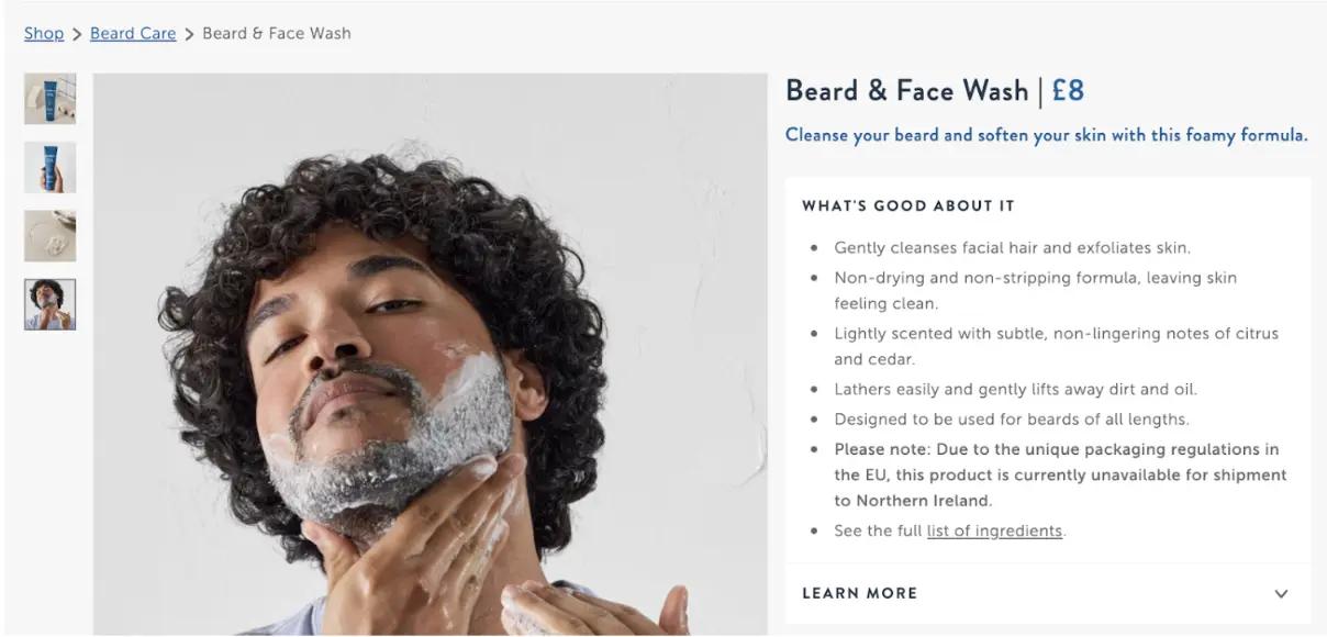 Man applying beard and face wash, with product details and benefits listed on the right. Price: £8.