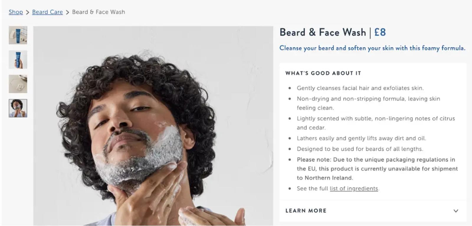 Man applying beard and face wash, with product details and benefits listed on the right. Price: £8.