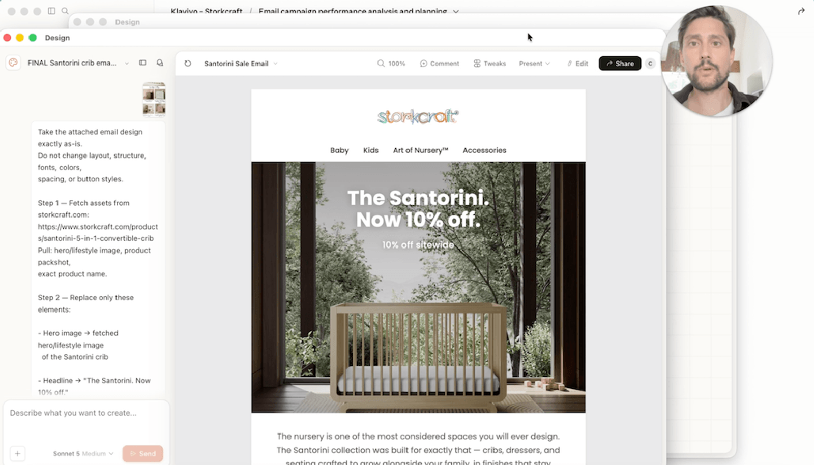 A computer screen displays email design software featuring a crib sale email draft and editing instructions, with a man's face visible in the top right corner.