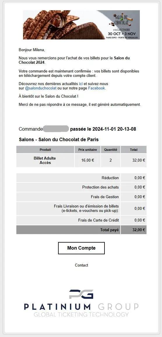 Confirmation de commande pour le Salon du Chocolat 2024 à Paris, avec détails de paiement et logo Platinium Group.