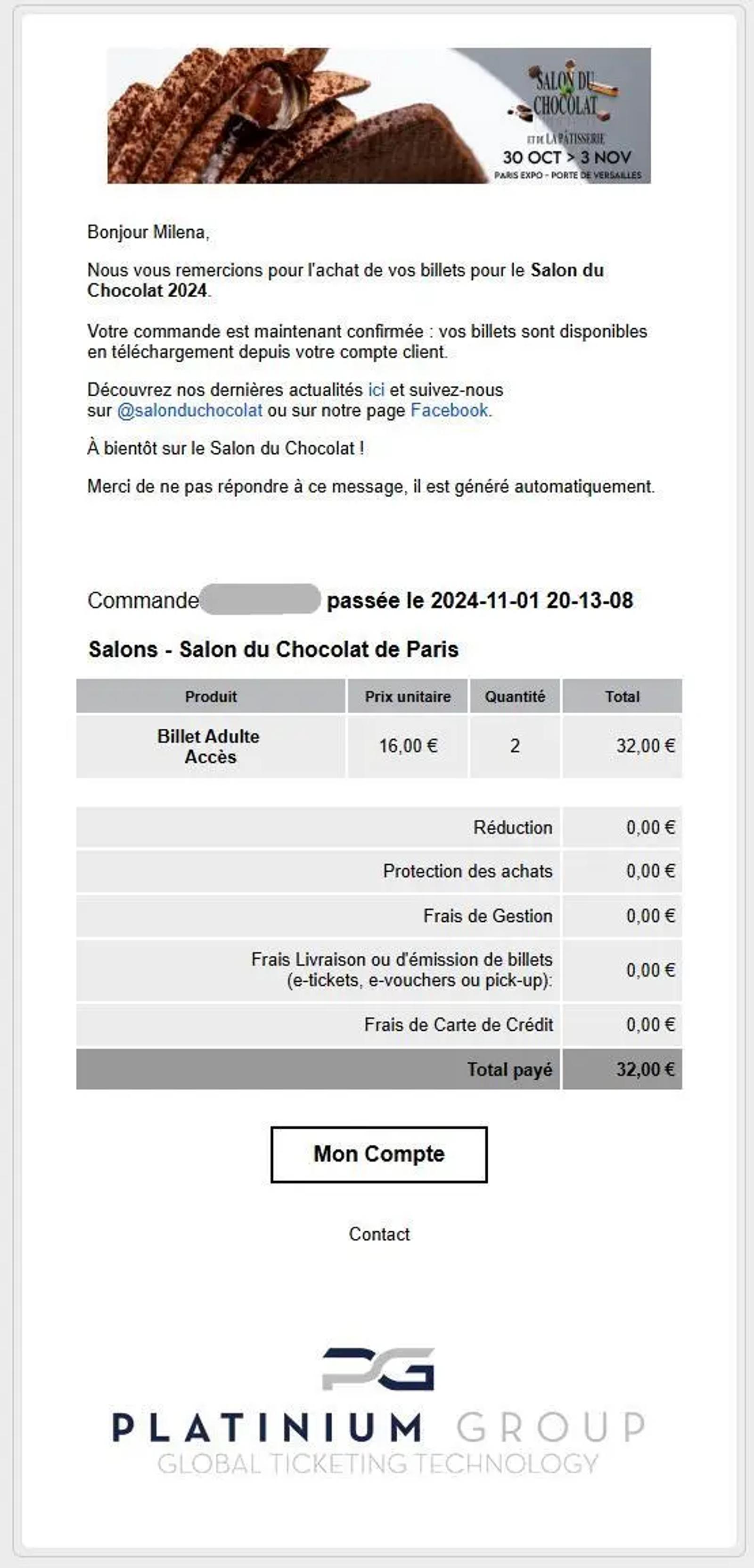Confirmation de commande pour le Salon du Chocolat 2024 à Paris, avec détails de paiement et logo Platinium Group.