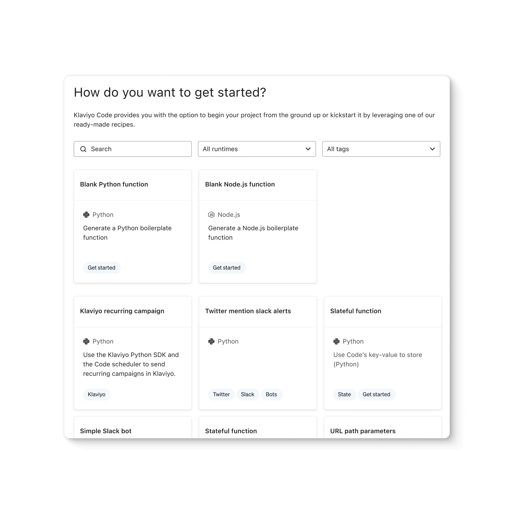 Klaviyo Code, with a list of recipes: blank Python function, blank Node.js function, Twitter mention Slack alerts, Slateful function, and others.