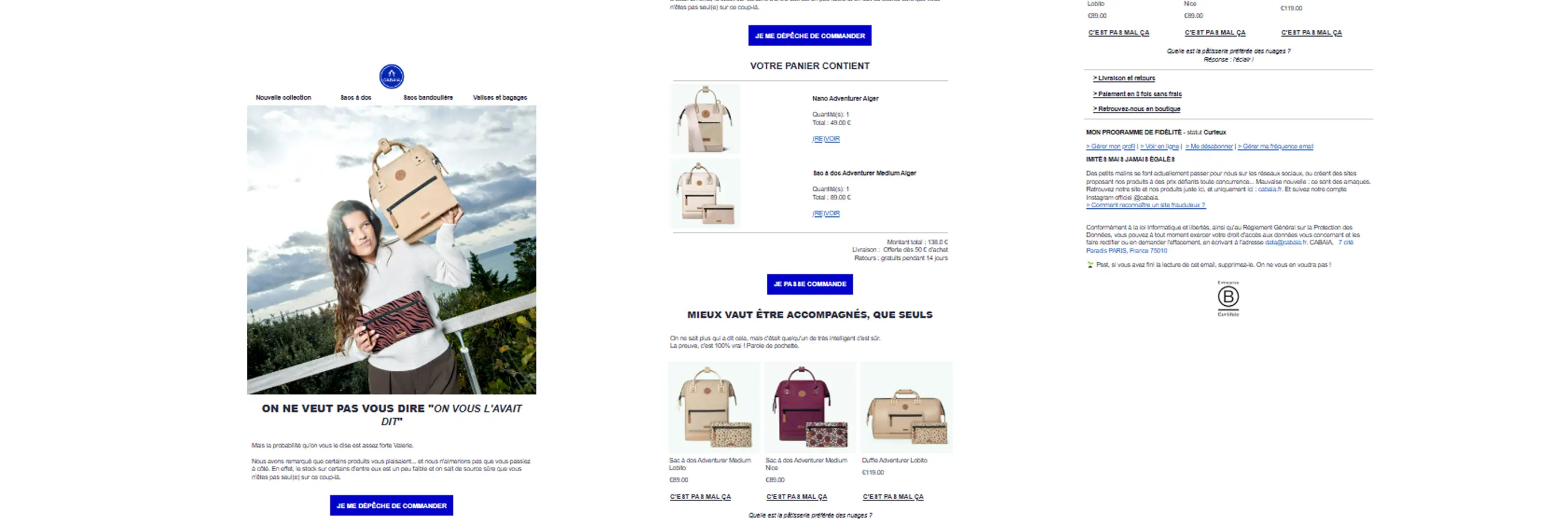 Email de relance panier de Cabaia avec image d'une femme tenant un sac à dos beige et détails des articles dans le panier.
