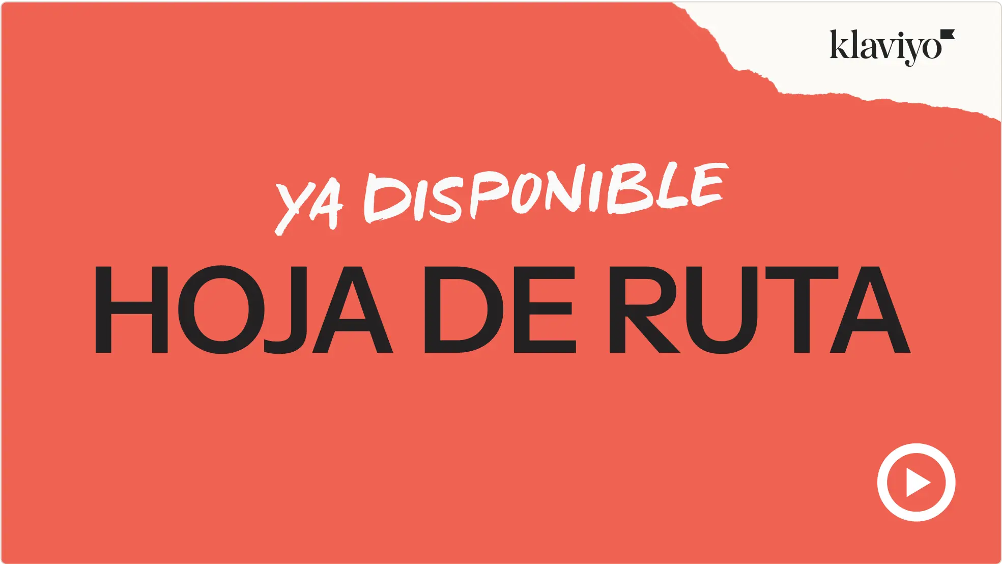 Ya disponible Hoja de Ruta, logo de Klaviyo en la esquina superior derecha, ícono de reproducción en la esquina inferior derecha.