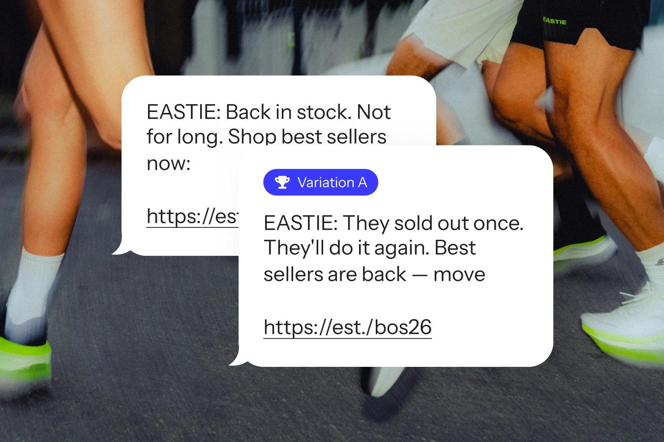 Promotional text message variations overlay runners' legs and sneakers in motion.