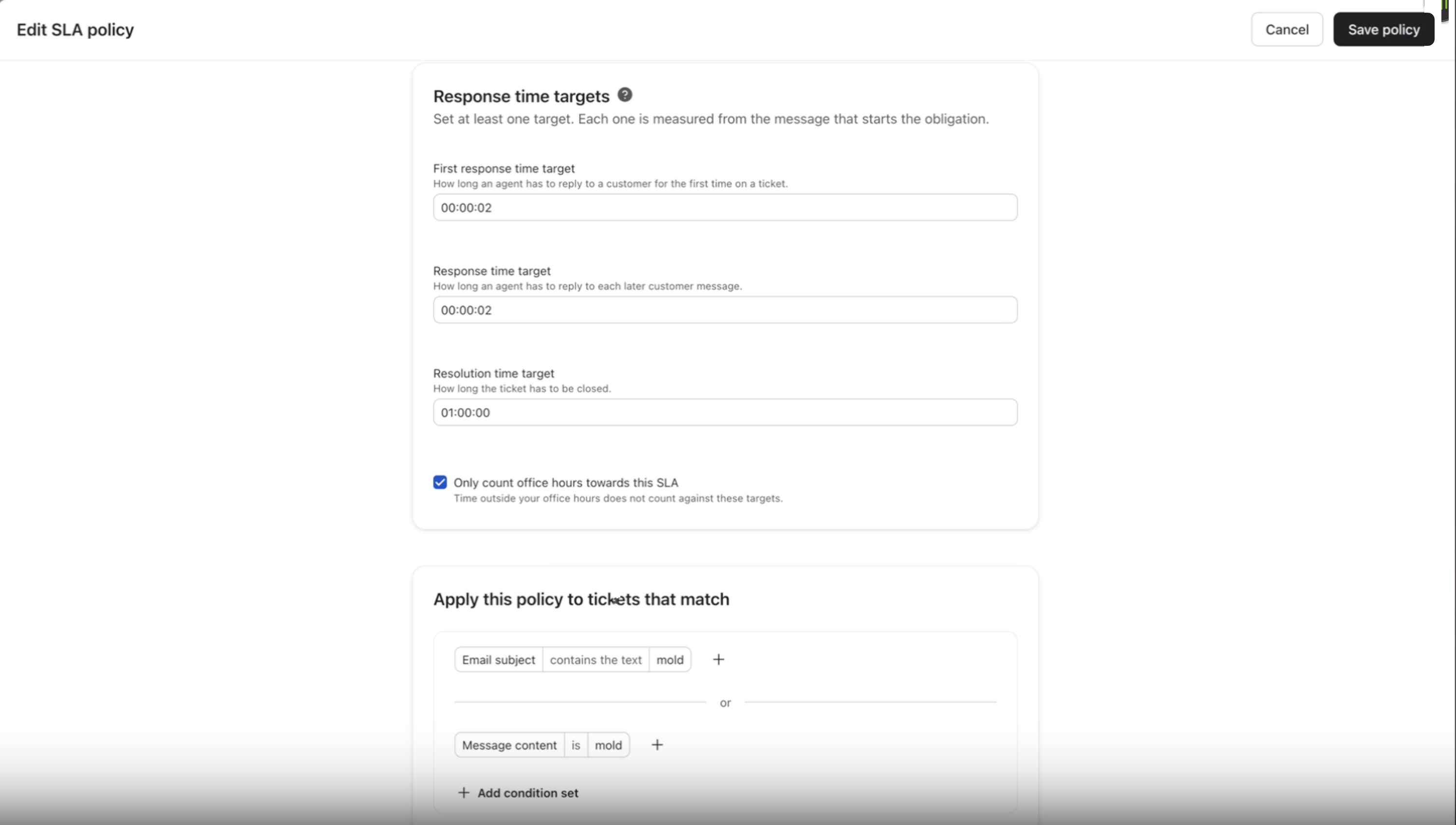 Screenshot of an "Edit SLA policy" page with response time targets and conditions for applying the policy.