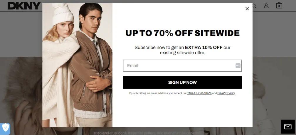 Image shows an email sign-up form on the DKNY website, featuring a photo of two models on the left, showing off a beanie, sweater, and jacket, and, on the right, the copy, “UP TO 70% OFF SITEWIDE: Subscribe now to get an EXTRA 10% OFF our existing sitewide offer.” The form then shows a field where the viewer can type in their email address, with a CTA button that reads, “SIGN UP NOW.” 