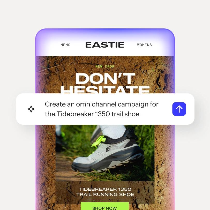 AI prompt overlays an Eastie ad featuring a Tidebreaker 1350 trail running shoe.