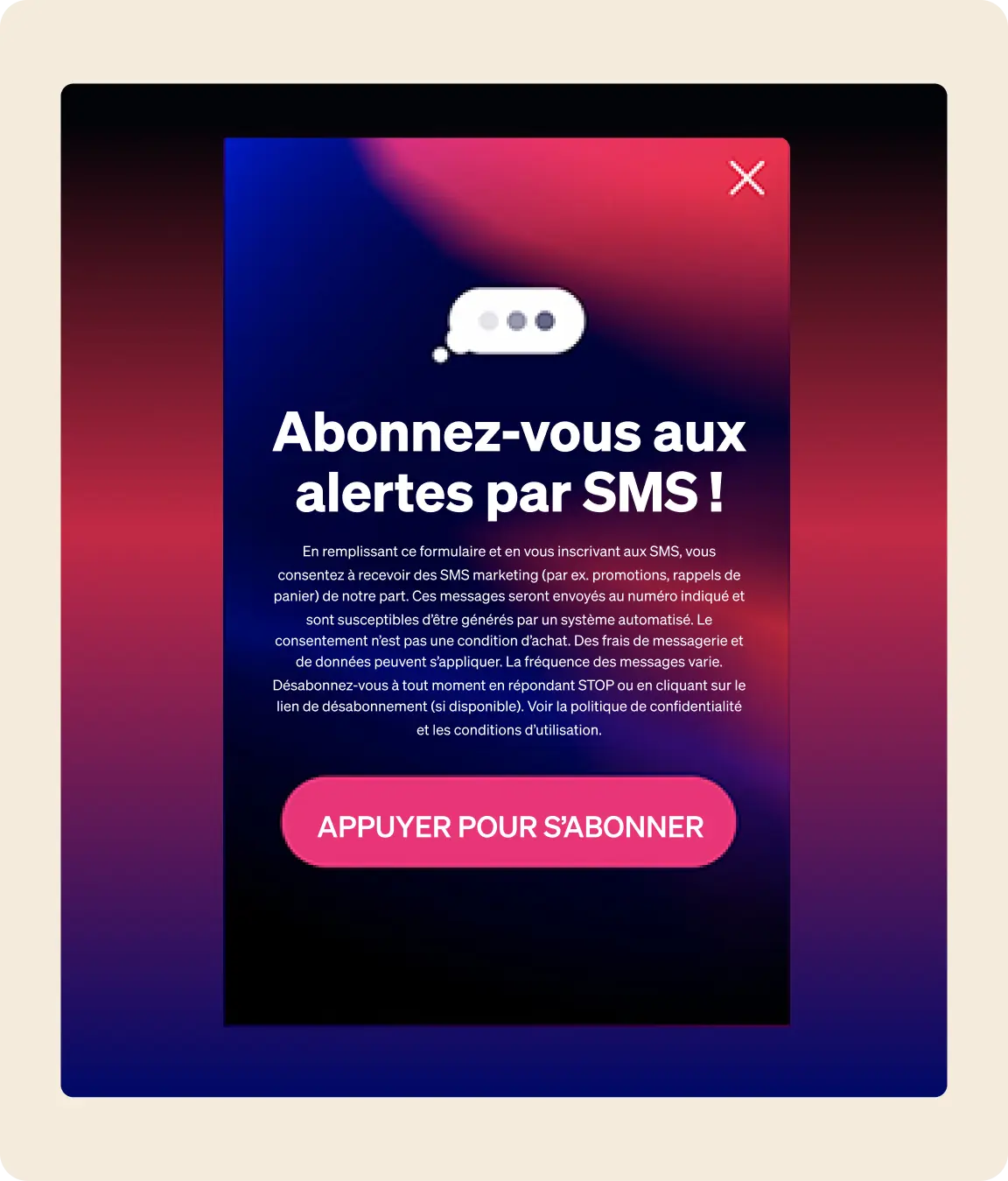 Fenêtre contextuelle d'abonnement aux alertes SMS avec bouton "APPUYER POUR S’ABONNER" sur fond dégradé.