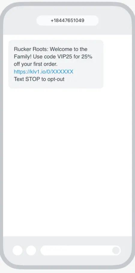 Image shows a welcome series SMS from Rucker Roots