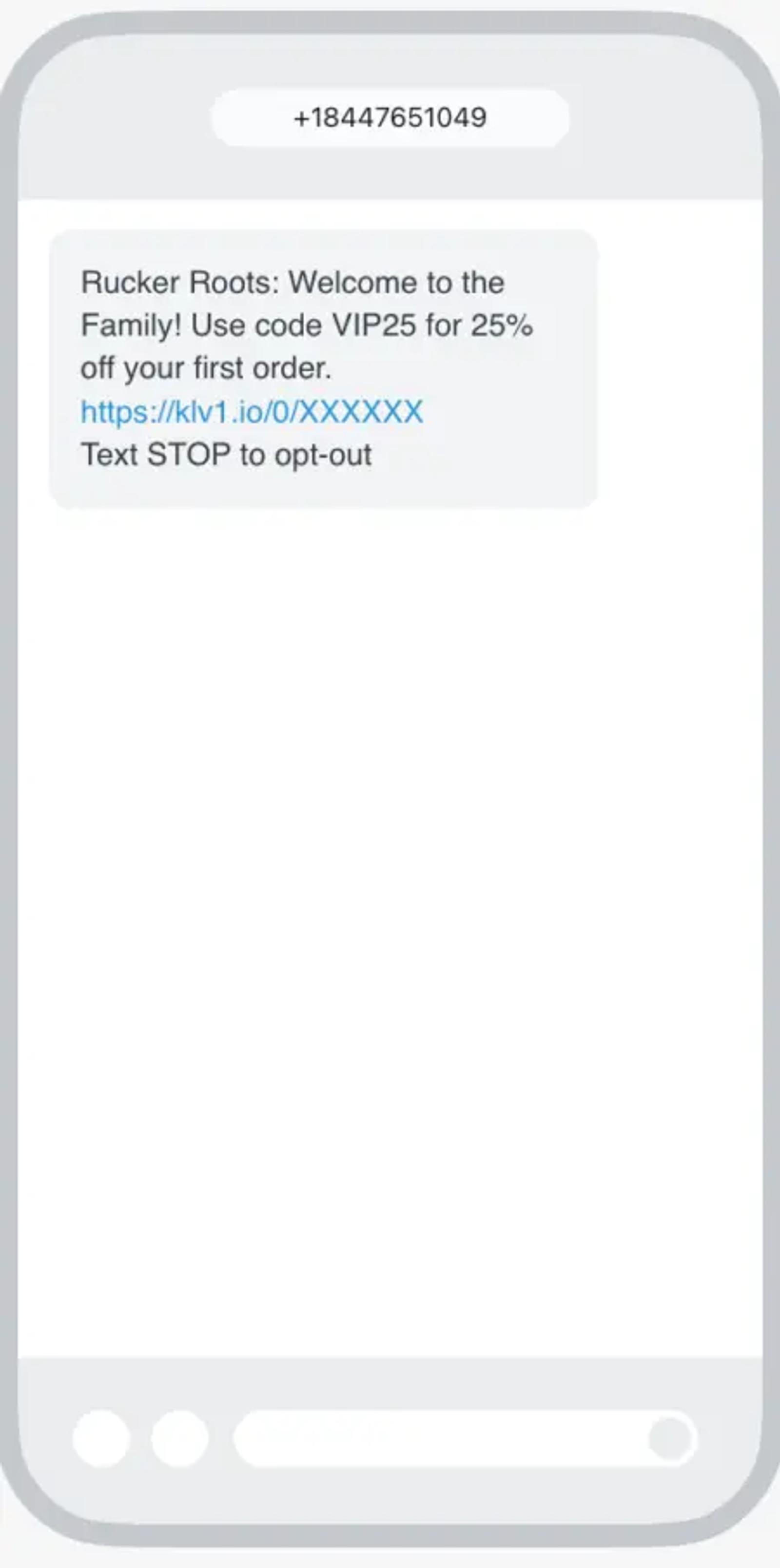 Image shows a welcome series SMS from Rucker Roots