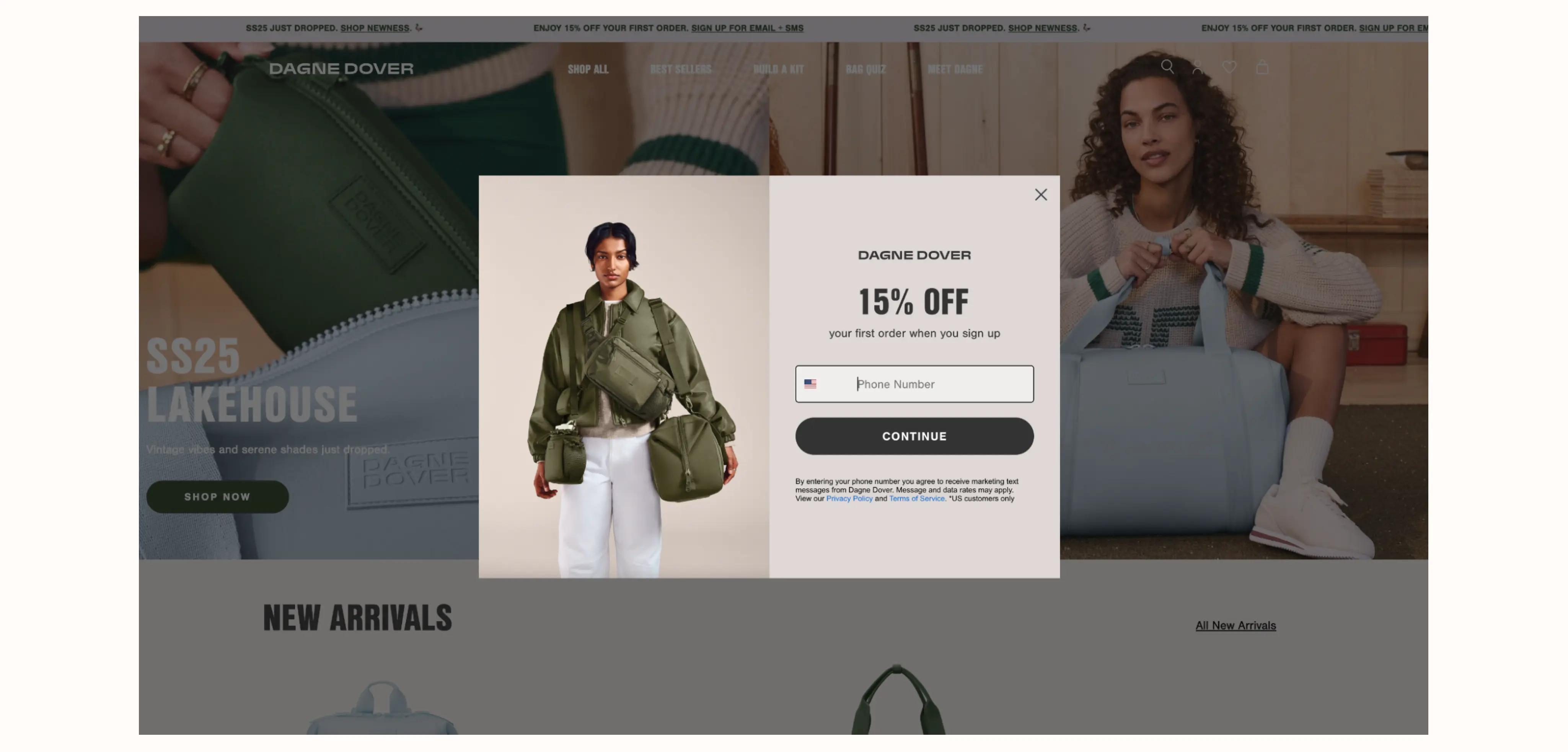 Image shows a sign-up form on the Dagne Dover website. It features a photo of a model wearing one of the brand’s bags next to the headline “15% off your first order when you sign up” and a field where the reader can enter their phone number.