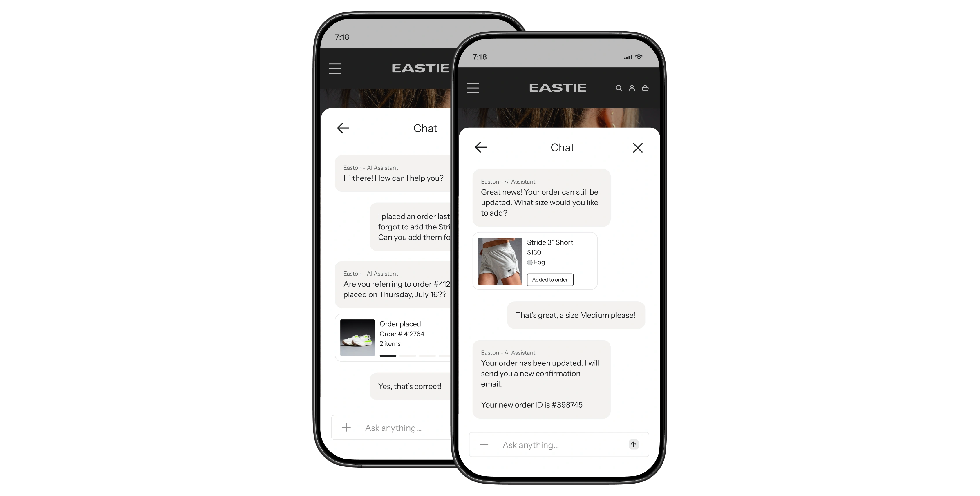 Two smartphones display an Eastie AI chat assistant confirming an item added to an existing order.