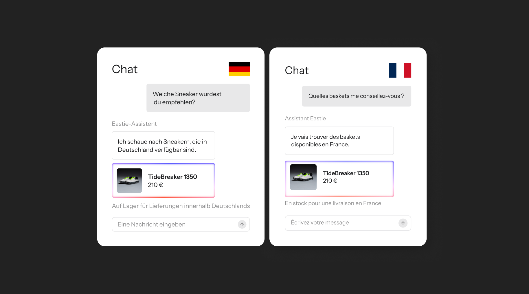 Multilingual chatbot recommending "TideBreaker 1350" sneakers (210€) in German for Germany and French for France.