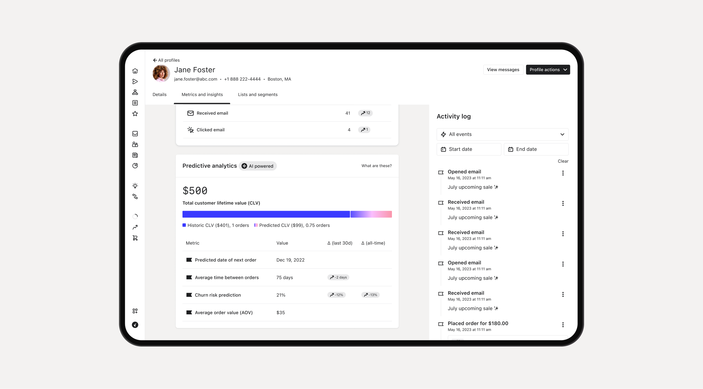 A customer profile dashboard showing predictive analytics and an activity log.