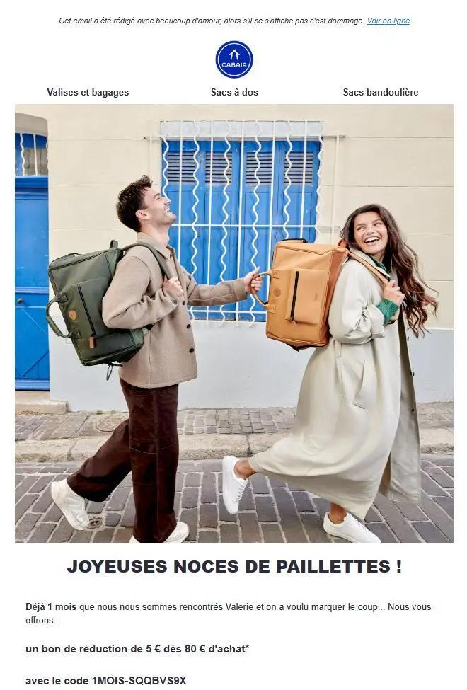 E-mail de Cabaïa avec une offre personnalisée à 1 mois d’inscription, ton amical, visuel lifestyle et code promotionnel.