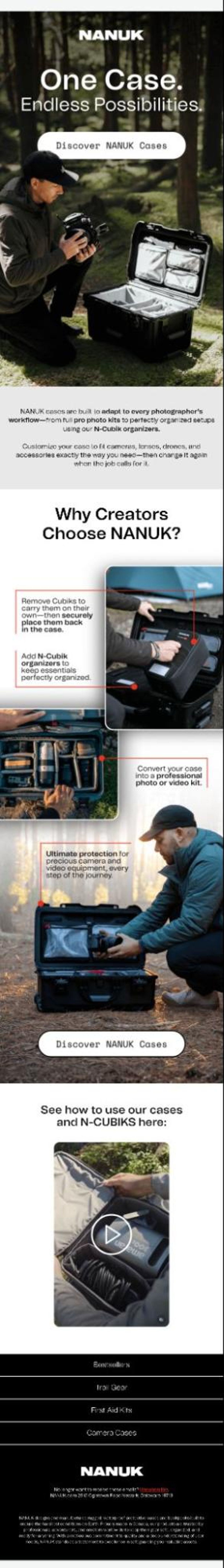 Image shows a NANUK email featuring a photographer and one of their hard shell cases against a forest background. The headline reads “One case. Endless possibilities” and there’s a button that says “Discover Nanuk cases”. There’s a description of how their cases work for photographers beneath the