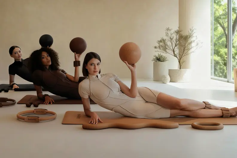 Three women model neutral-toned activewear and matching fitness equipment in a bright studio.