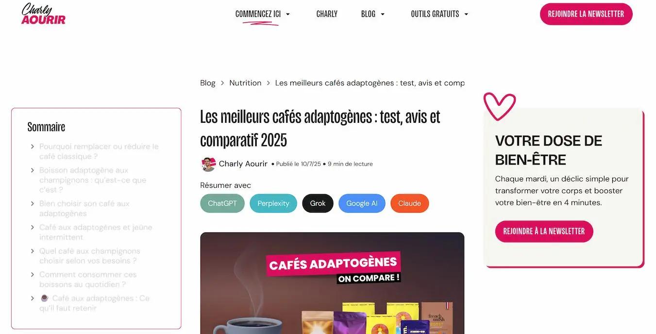 Page web de Charly Aourir sur les cafés adaptogènes avec sommaire, options de résumé, et bouton pour rejoindre la newsletter.