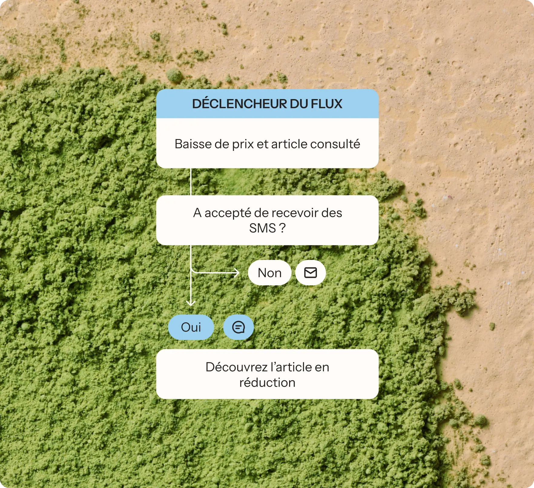 Diagramme de flux sur fond texturé, avec des étapes pour l'envoi de SMS et la découverte d'un article en réduction.