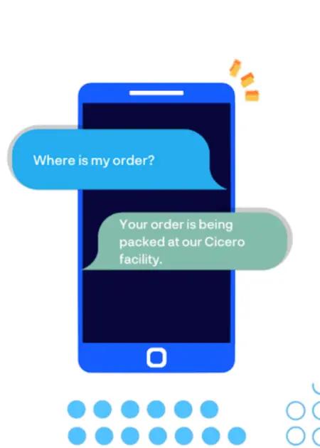 Image shows an example of a two-way SMS conversation fielding a “where is my order?” inquiry.