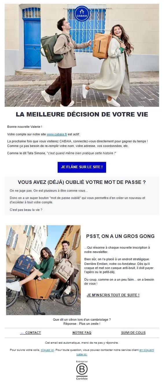 Capture de l’e-mail de bienvenue de Cabaïa présentant l’activation du compte client avec un ton humoristique et plusieurs appels à l’action