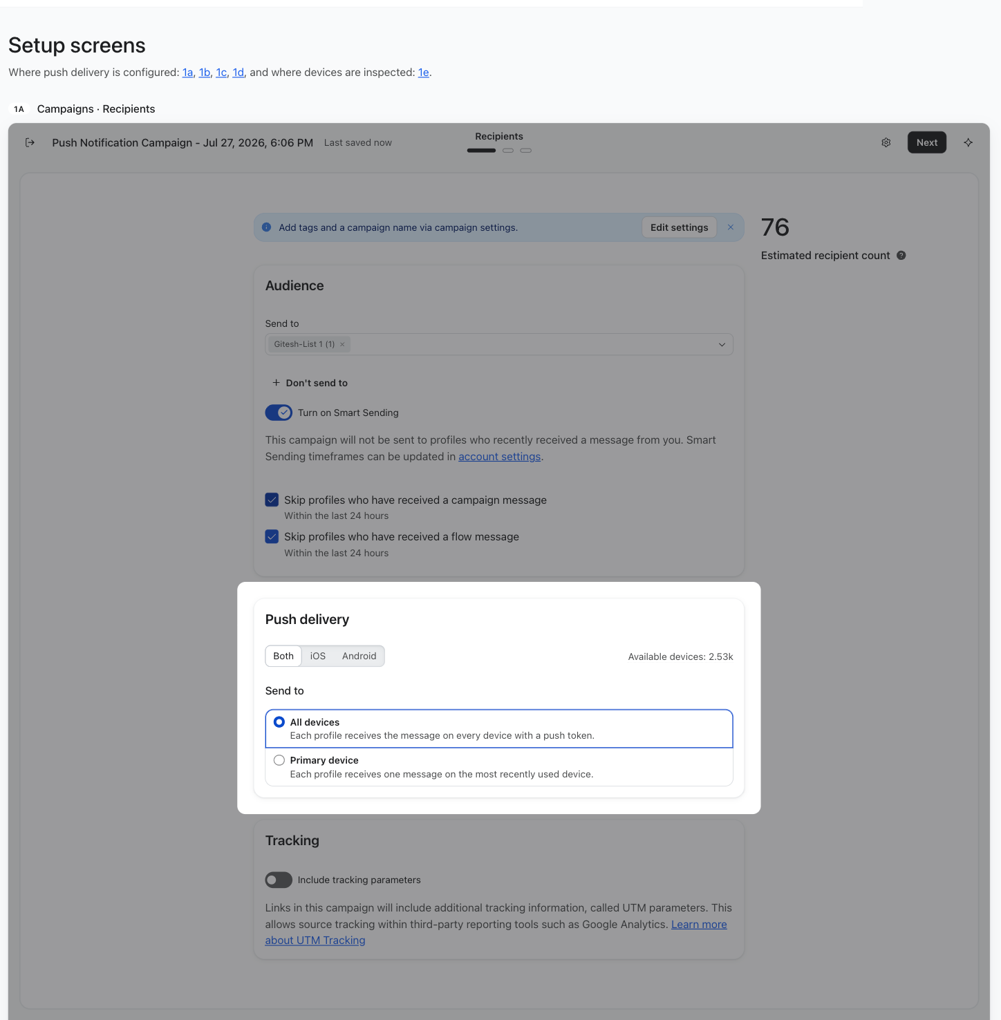 A push notification campaign setup screen with a "Push delivery" modal open, where "All devices" is selected.