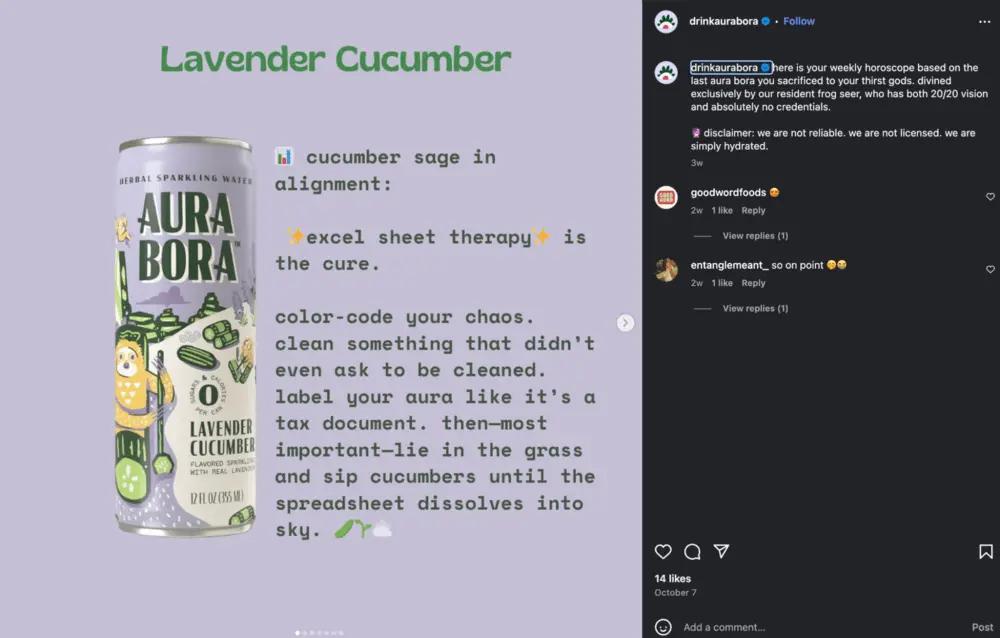 Image shows an Instagram post from Aura Bora featuring a can of their Lavender Cucumber sparkling water against a lavender background with green text parodying the style of an astrology horoscope.